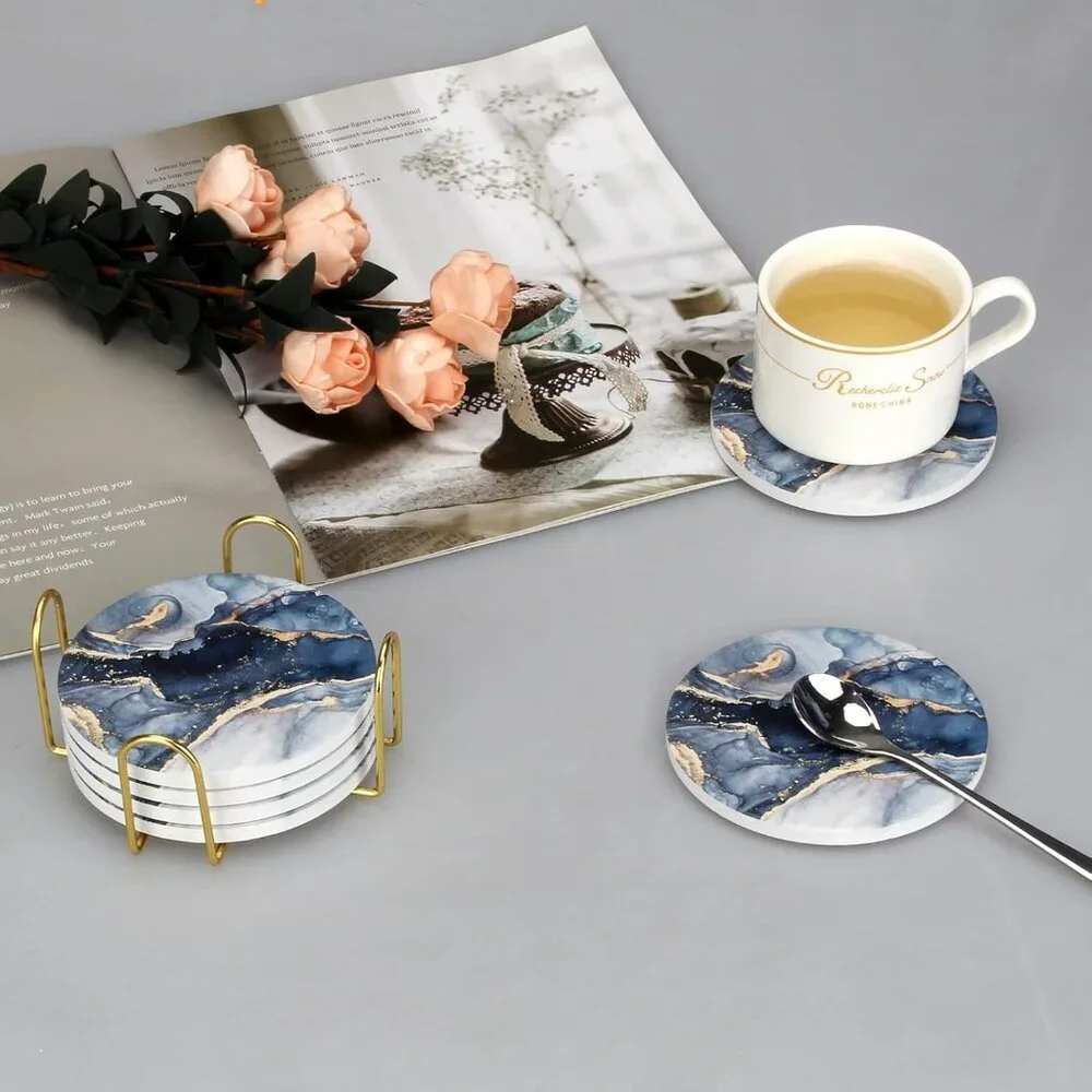 6 Pcs Navy Blue Marble Abstract Ceramic Coasters with Holder Best Absorbent Drin